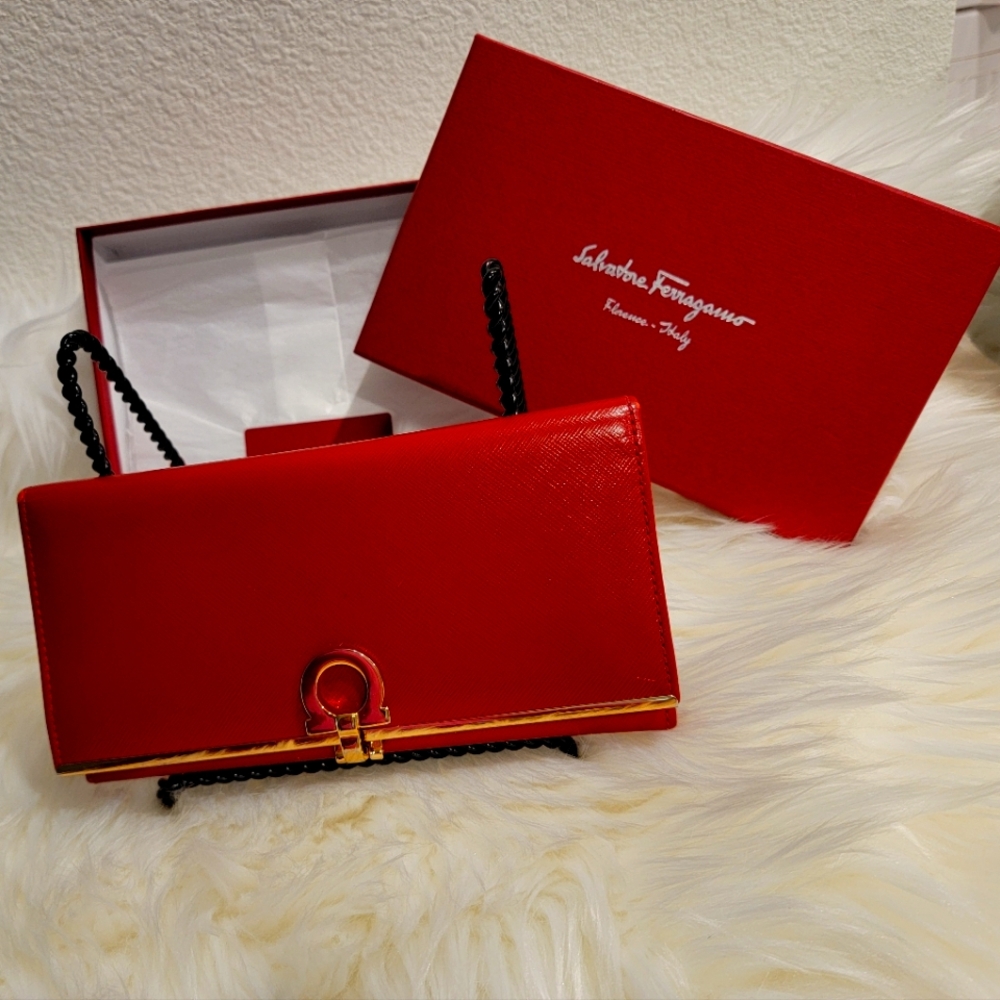 Vintage Salvatore Ferragamo Fold Long Wallet Red Leather
